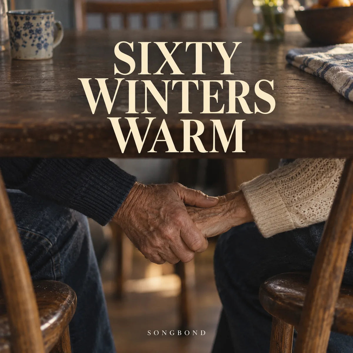 Music cover for Sixty Winters Warm by Songbond, with an older couple holding hands beneath a kitchen table under a large cream serif title.