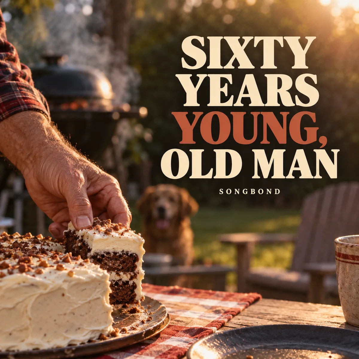 Music cover for Sixty Years Young, Old Man by Songbond, with an older dad's hand taking a cake slice near a softly blurred grill, with cream and rust-red lettering.