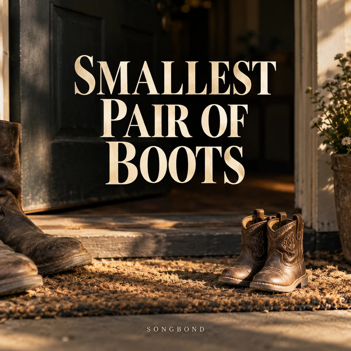 Music cover for Smallest Pair of Boots by Songbond, with tiny brown boots by an open doorway beside cropped worn adult boots beneath a large cream title.