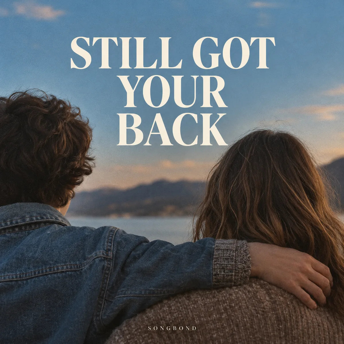 Music cover for Still Got Your Back by Songbond, with two people seen from behind, one arm resting across the other's shoulders under a blue sky and cream title.