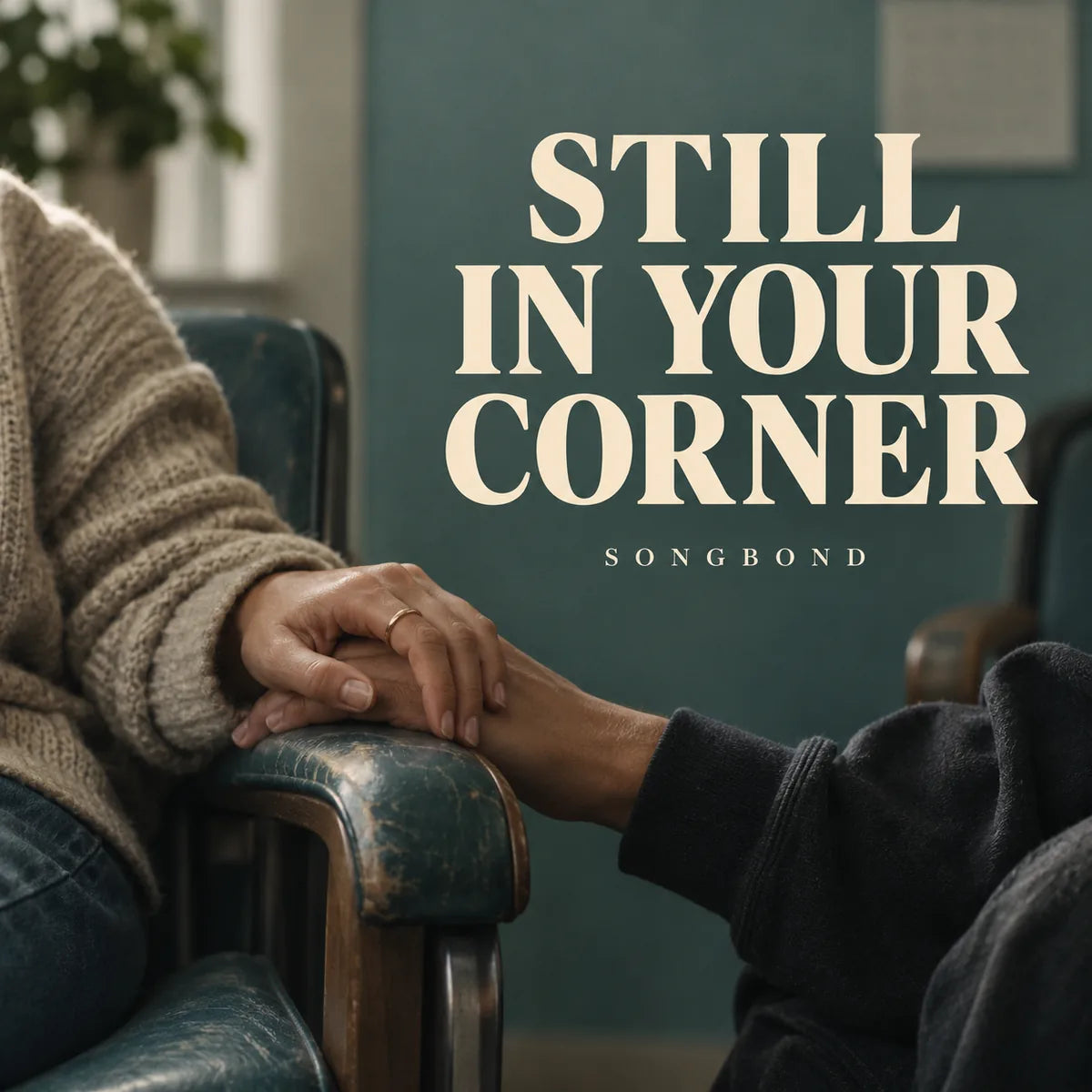 Music cover for Still in Your Corner by Songbond, with two friends' hands together on a worn teal chair arm under a large cream title.