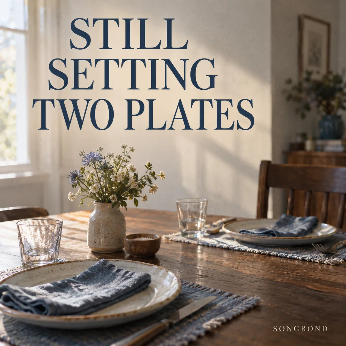 Music cover for Still Setting Two Plates by Songbond, with two empty places set on a sunlit wooden table beneath large dark-blue title lettering.