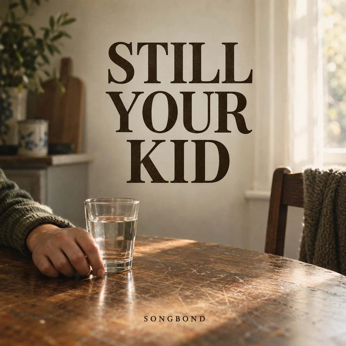 Music cover for Still Your Kid by Songbond, with a hand resting by a water glass on a scratched kitchen table beneath a large dark-brown title.
