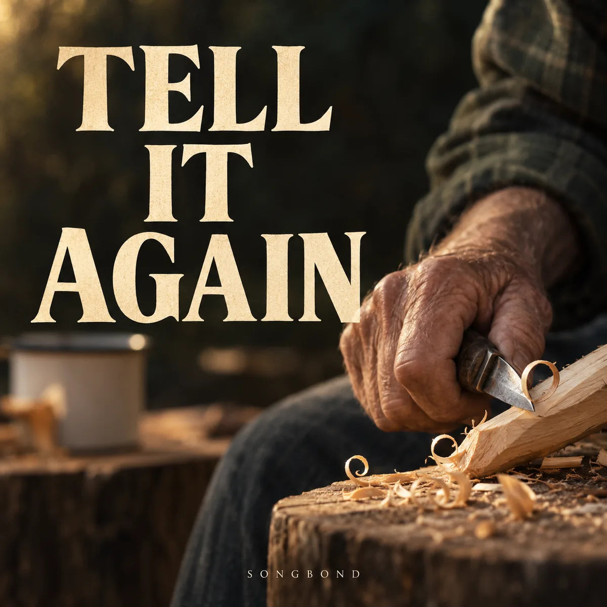 Music cover for Tell It Again by Songbond, with an older hand whittling wood and curling shavings beside a bold cream title on deep green shadow.