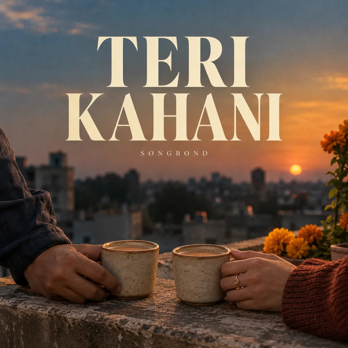 Music cover for Teri Kahani by Songbond, with two hands by plain chai cups on a rooftop ledge, marigolds and sunset beneath a large cream title.