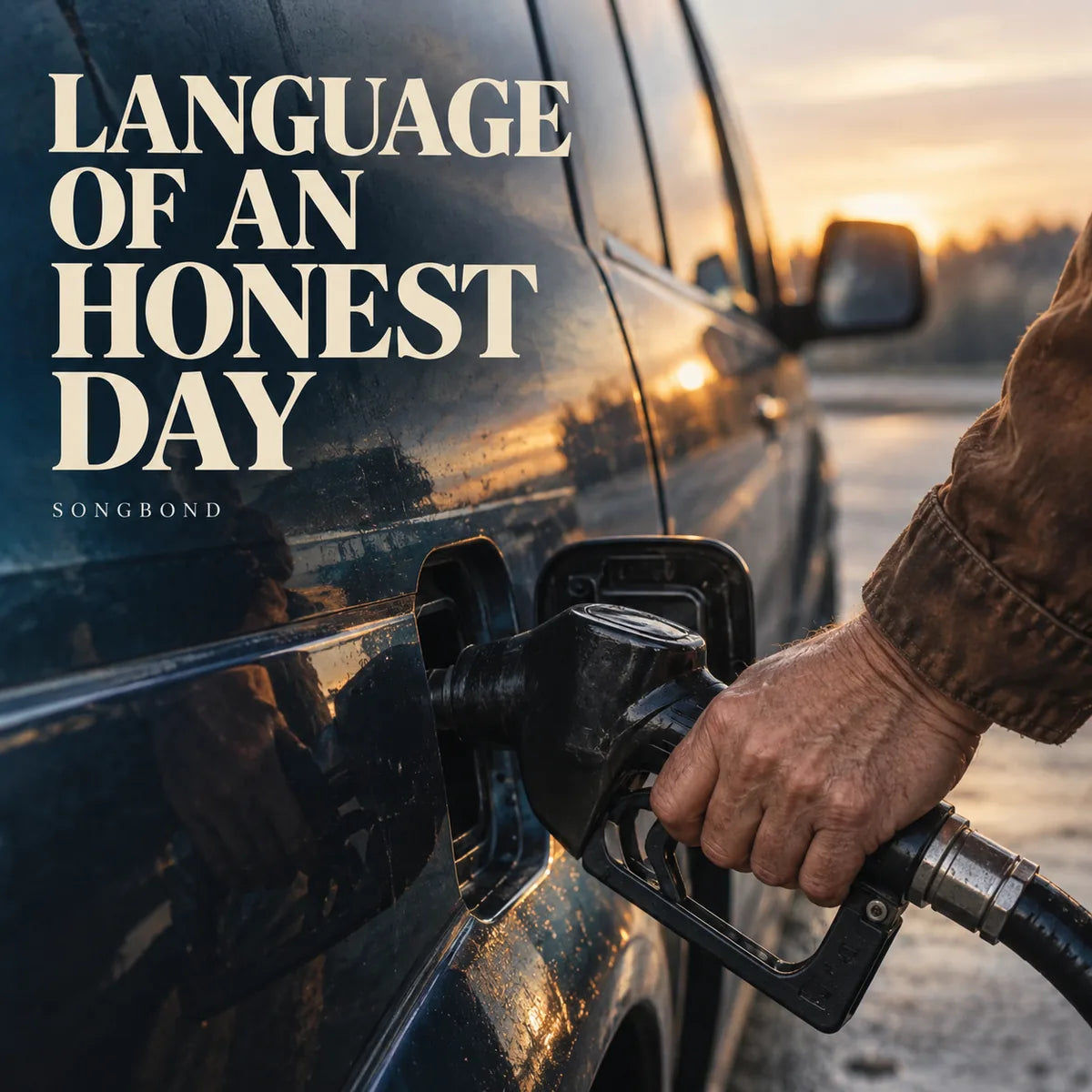 Music cover for Language of an Honest Day by Songbond, with a mature hand at a fuel nozzle beside a dark blue car in warm early light beneath the full cream title.