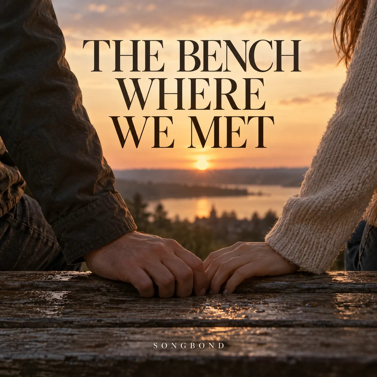 Music cover for The Bench Where We Met by Songbond, with two adult hands near each other on worn bench wood in sunset light under dark serif lettering.