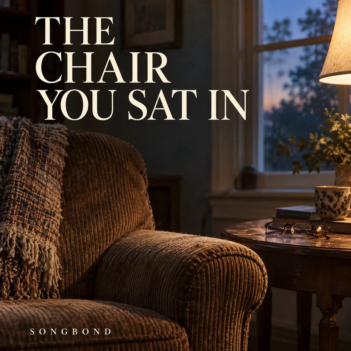 Music cover for The Chair You Sat In by Songbond, with an empty corduroy armchair and glasses on a side table in quiet evening light under a cream title.