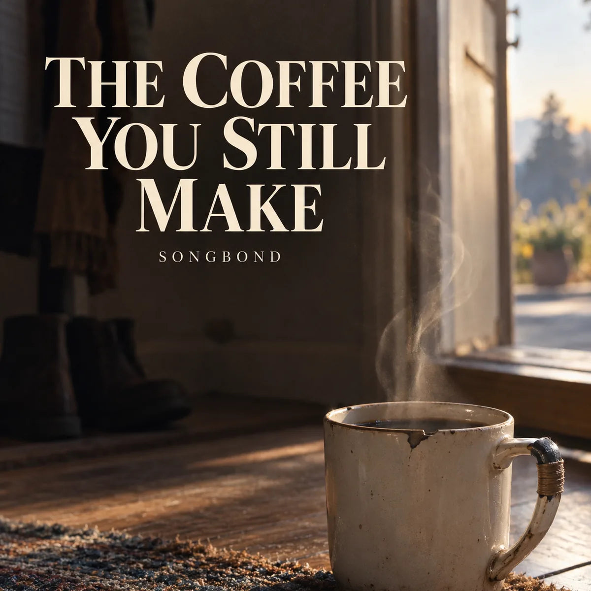 Music cover for The Coffee You Still Make by Songbond, with a steaming chipped white mug and repaired handle beside window light beneath the complete cream title.