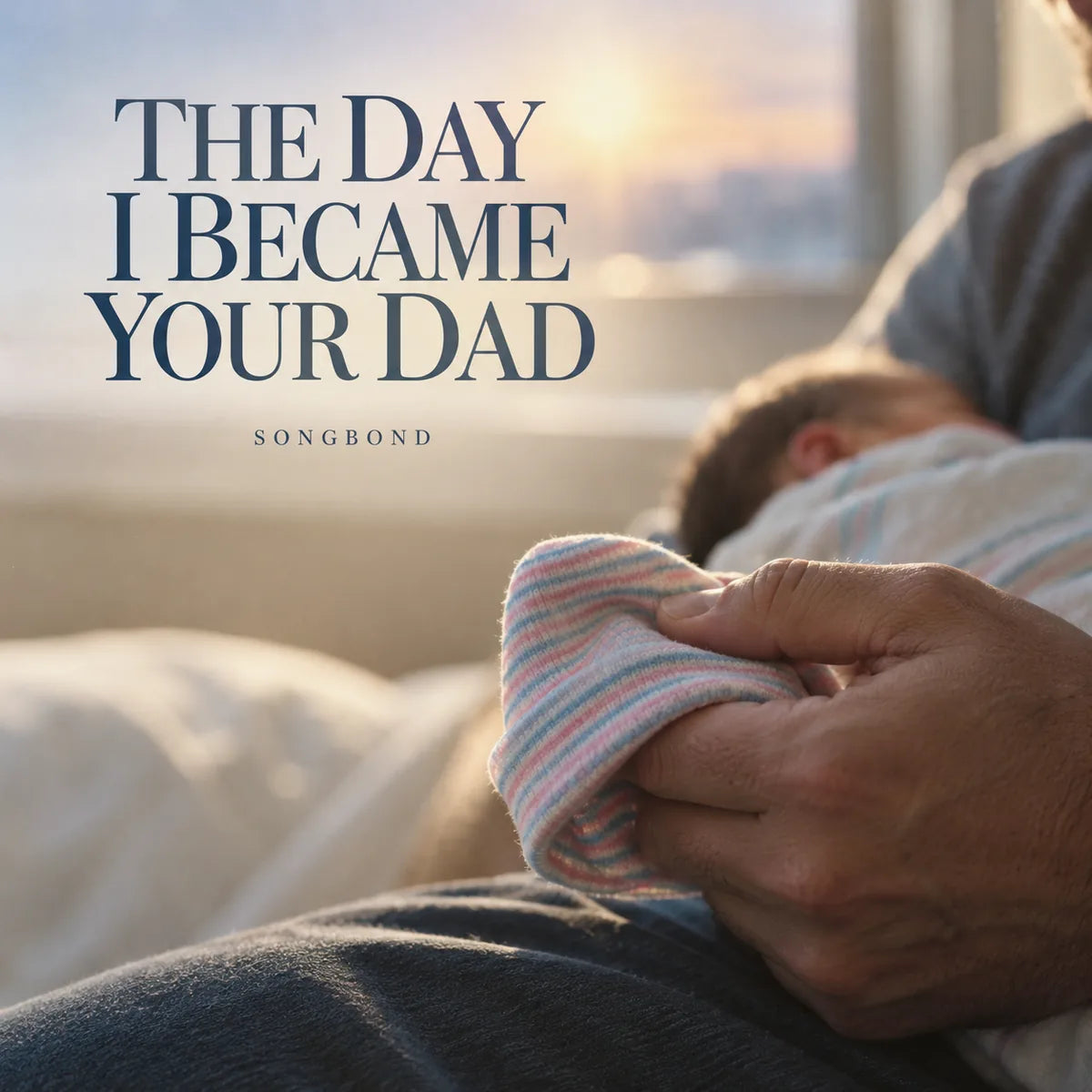 Music cover for The Day I Became Your Dad by Songbond, with a father's hand holding a small striped newborn hat and a softly blurred sleeping baby beneath dark-blue lettering.