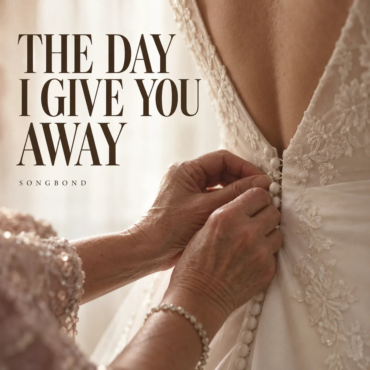 Music cover for The Day I Give You Away by Songbond, with a mother's hands fastening small buttons on an ivory wedding dress beneath a large dark serif title.