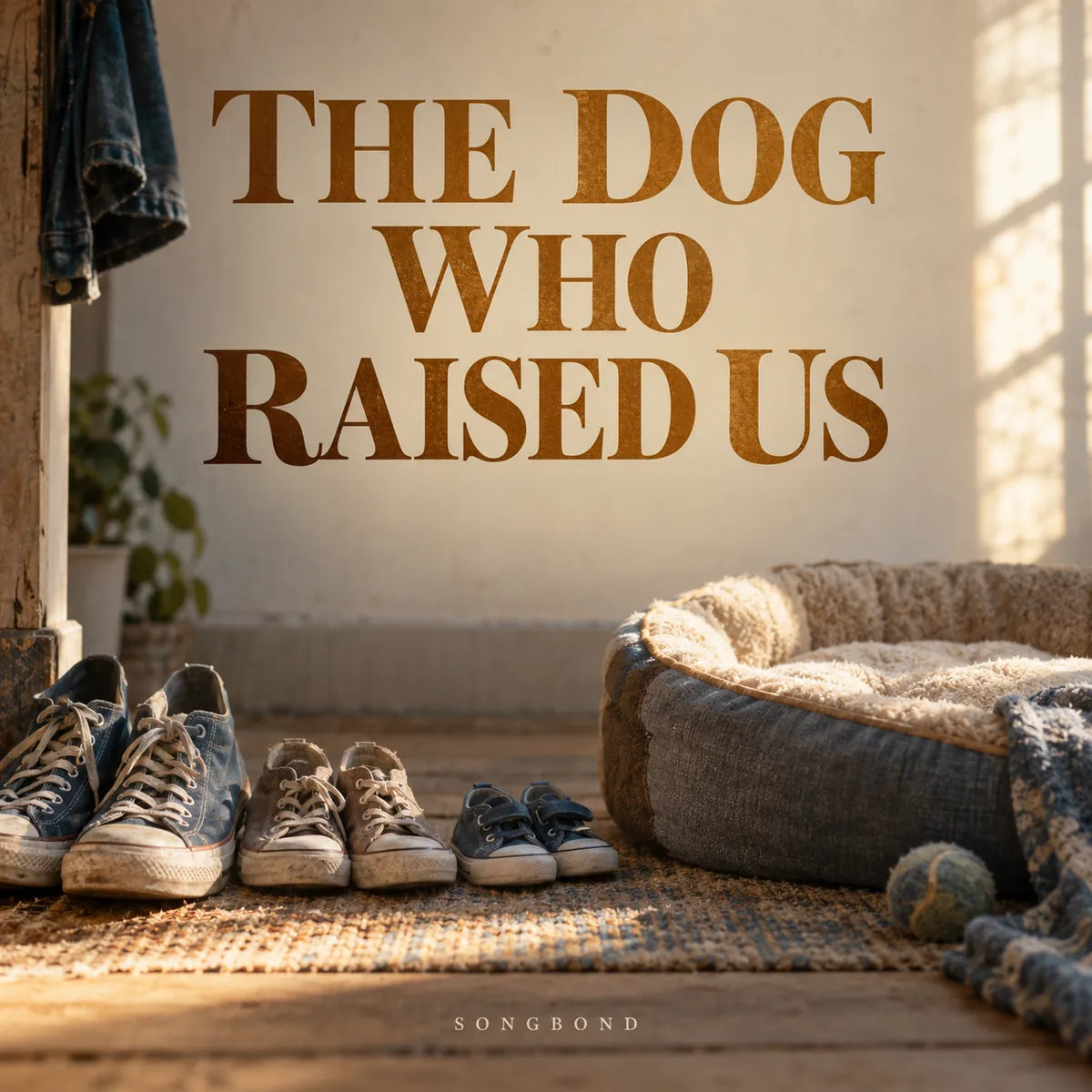 Music cover for The Dog Who Raised Us by Songbond, with three sizes of sneakers beside an empty dog bed in warm window light beneath the complete brown title.