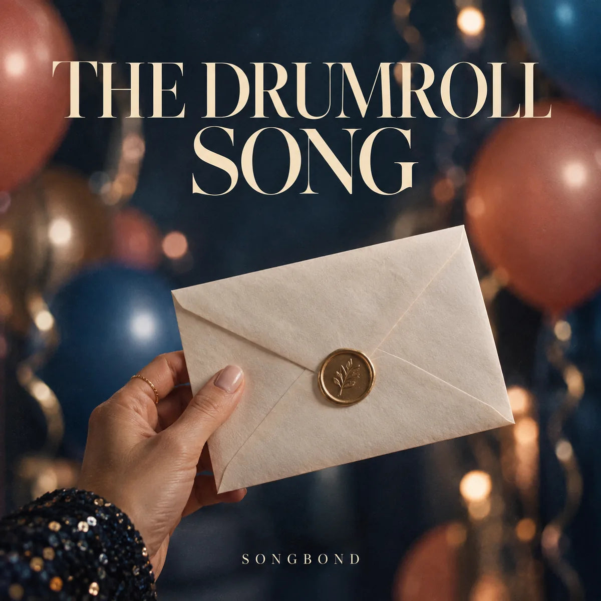 Music cover for The Drumroll Song: a hand holds a sealed cream envelope against blurred coral balloons and a dark blue party background, beneath the large title.
