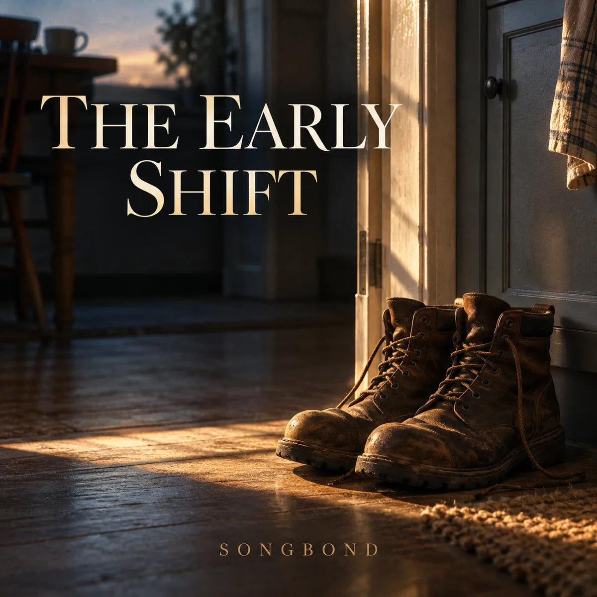 Music cover for The Early Shift: worn brown work boots beside a kitchen doorway in warm dawn light, with a large cream title against dark blue shadow.