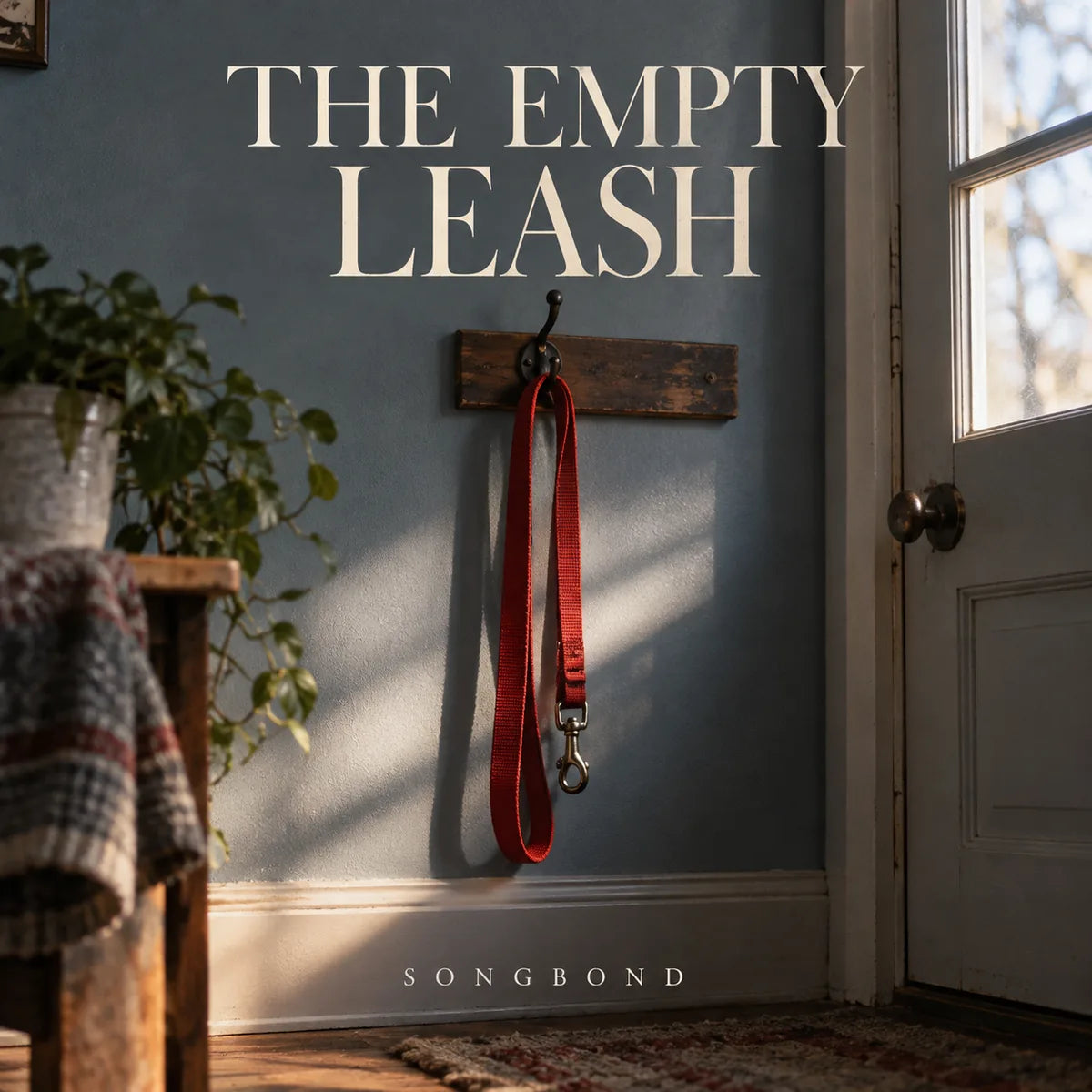 Music cover for The Empty Leash: a red leash hangs from a wooden hook beside a softly lit doorway, with a large cream serif title above.