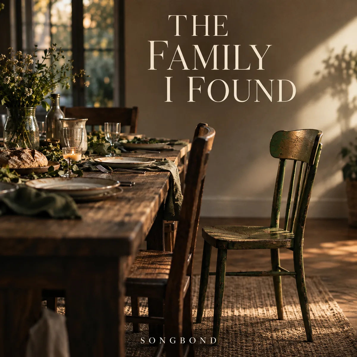 Music cover for The Family I Found: a worn green chair waits beside a shared wooden dining table in warm window light, with the full cream title above.