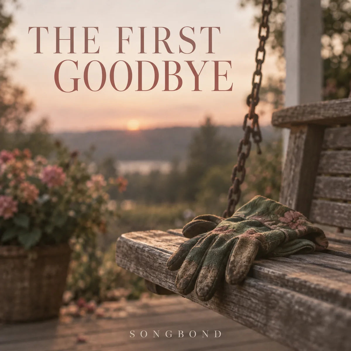 Music cover for The First Goodbye: worn gardening gloves rest on an empty wooden porch swing with soft flowers and warm evening light beneath the full title.