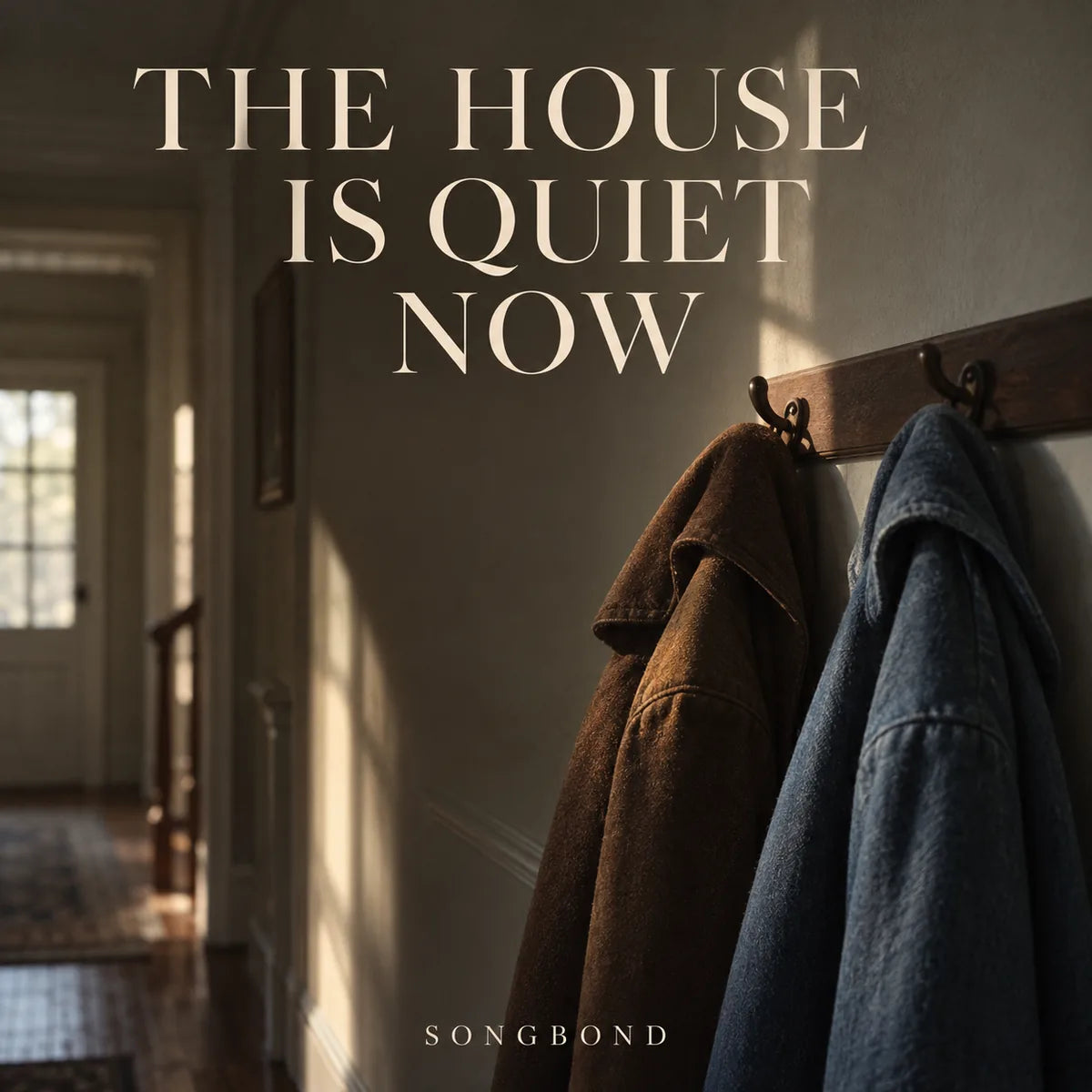 Music cover for The House Is Quiet Now: an unoccupied brown coat and blue coat hang beside each other in a sunlit hallway beneath a large cream title.