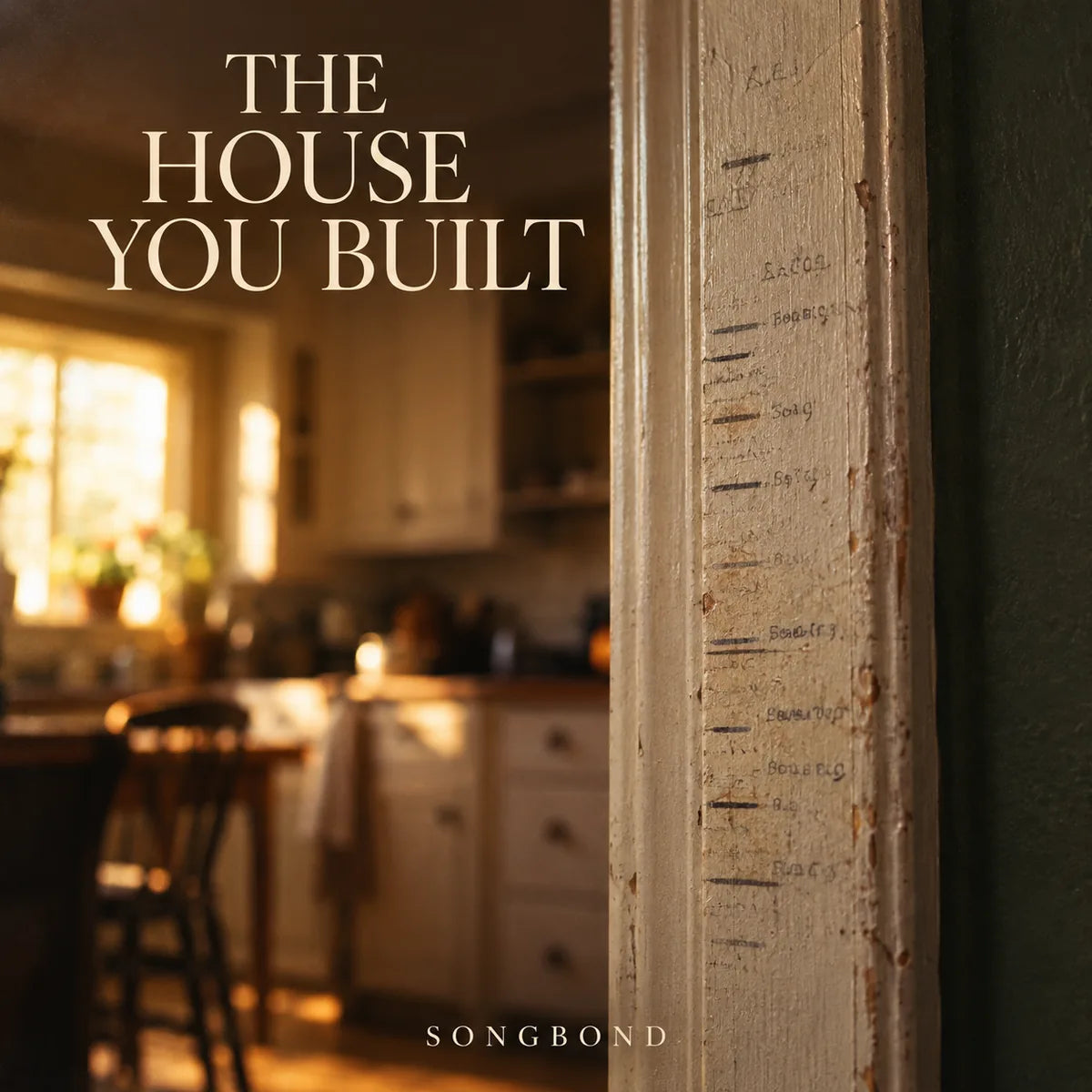 Music cover for The House You Built: a worn wooden doorframe with pencil height marks beside a softly blurred warm kitchen, with the large title in the upper left.