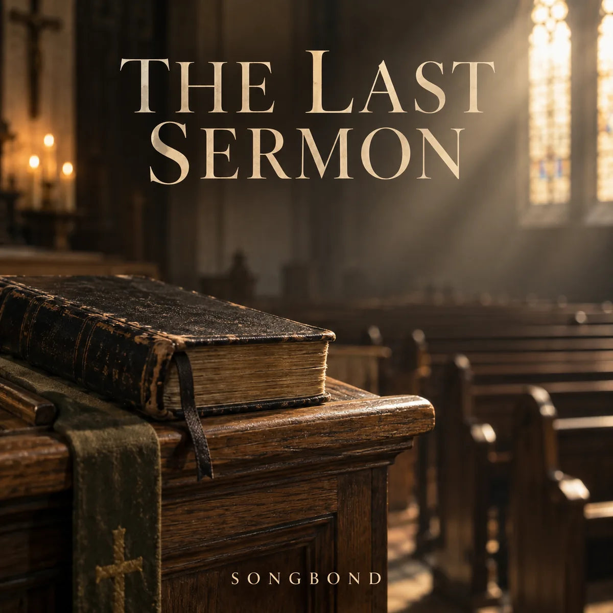 Music cover for The Last Sermon: a heavily worn dark Bible rests on a wooden pulpit with softly lit church pews behind and the cream serif title above.