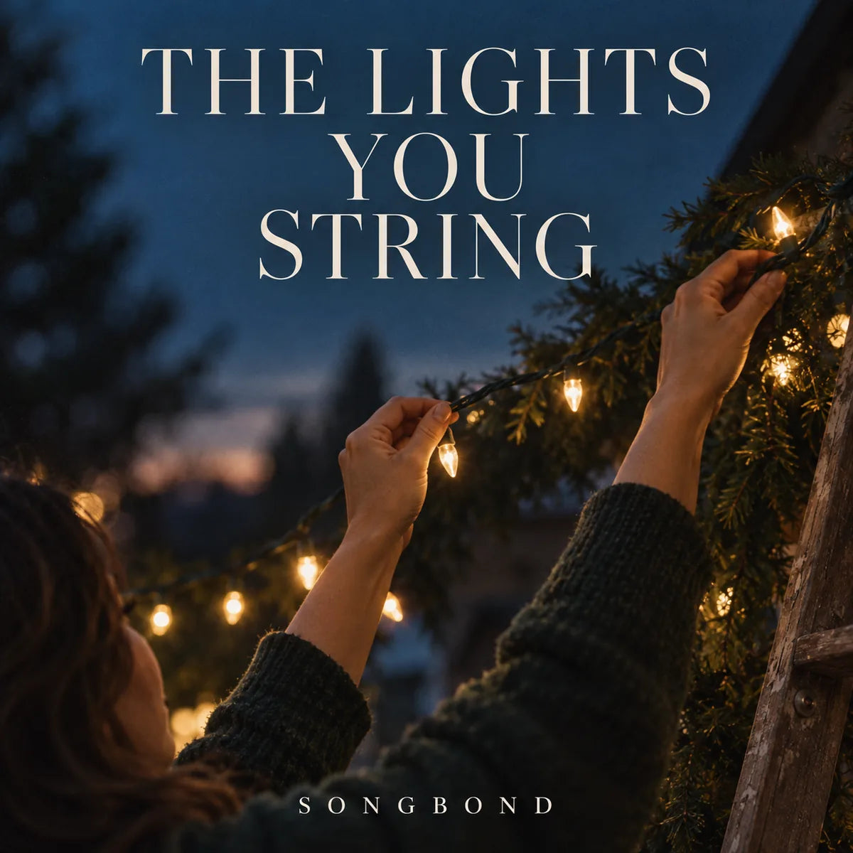 Music cover for The Lights You String: a woman's hands lift warm holiday lights beside a wooden ladder against a deep blue dusk sky, below the cream title.