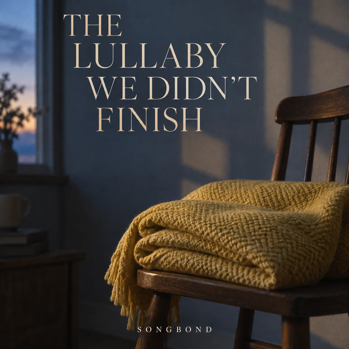 Music cover for The Lullaby We Didn't Finish: a folded yellow knitted blanket rests on an empty wooden chair in blue evening light, below a full four-line cream title.