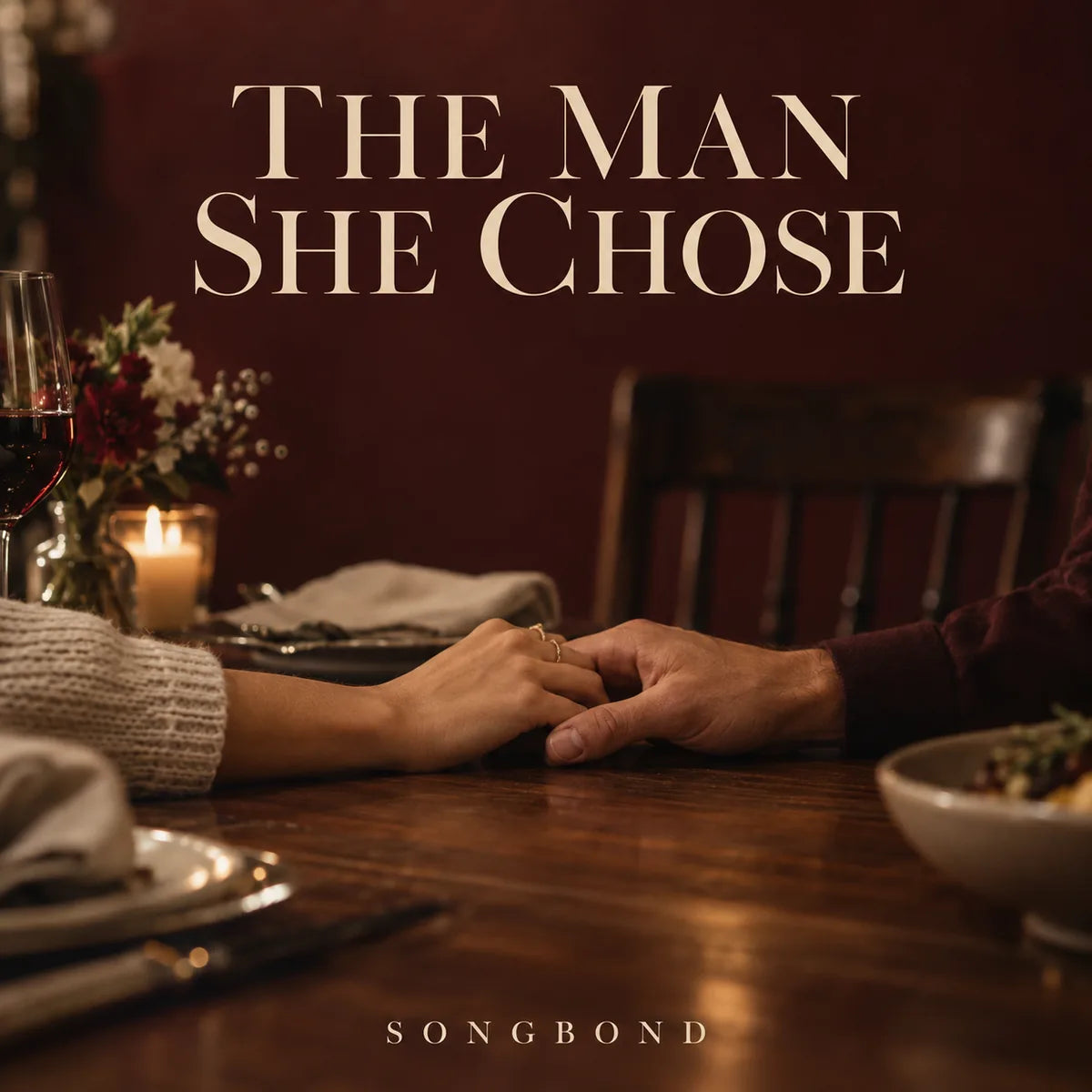 Music cover for The Man She Chose: two adults' hands rest together on a wooden dinner table against a burgundy background with the cream serif title above.