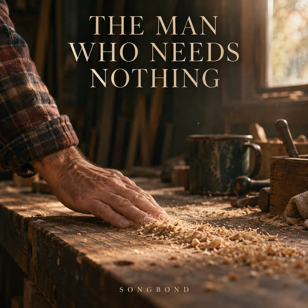 Music cover for The Man Who Needs Nothing: a flannel-sleeved adult hand brushes sawdust on a worn wooden workbench under warm window light and a cream title.