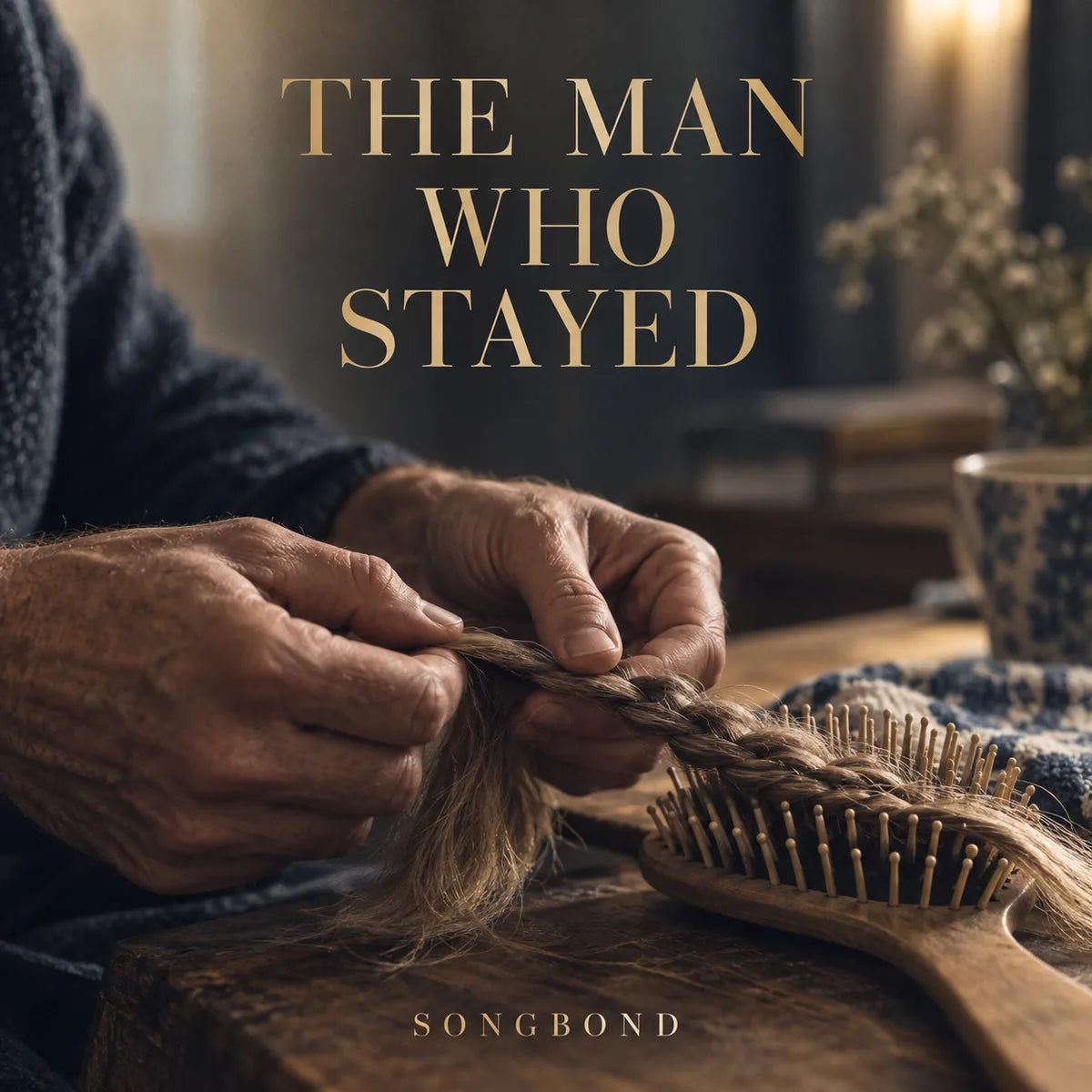 Music cover for The Man Who Stayed: adult hands patiently braid a lock of hair beside a wooden hairbrush at a home table, under a large warm cream title.