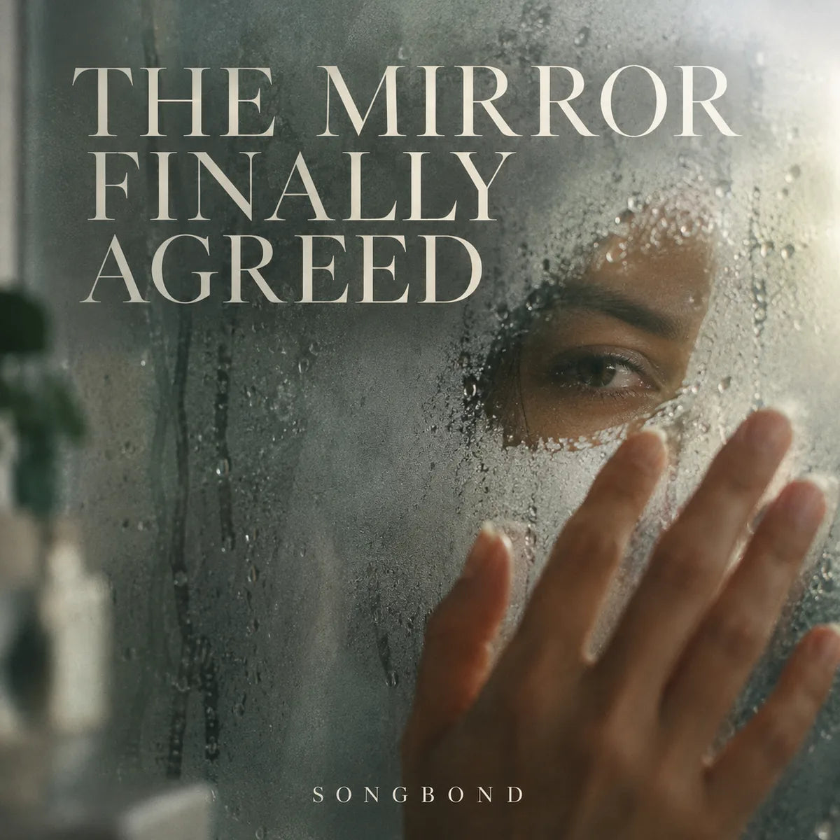 Music cover for The Mirror Finally Agreed: a partial eye reflection appears through a cleared patch in a steamed mirror beside a relaxed hand, with the full pale title above.