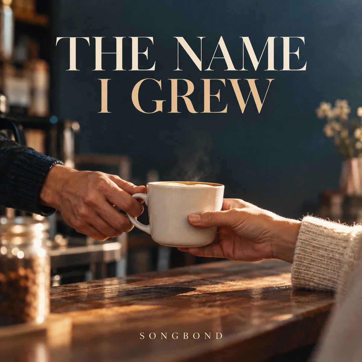 Music cover for The Name I Grew: two adults' hands pass a plain ceramic coffee cup across a café counter against a dark blue background beneath a cream title.