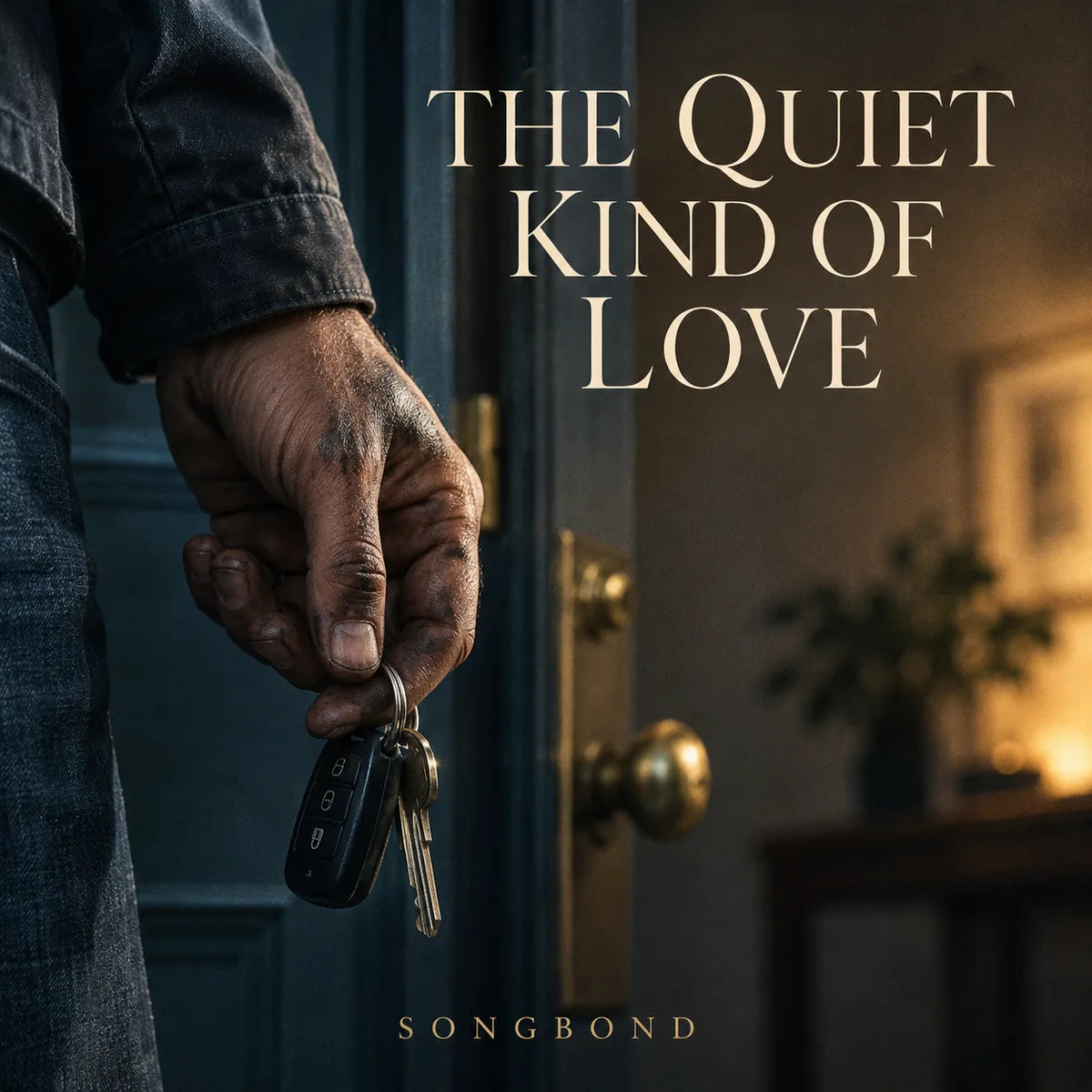 Music cover for The Quiet Kind of Love: an oil-marked adult hand holds car keys beside a blue doorway with warm light and the cream serif title above.