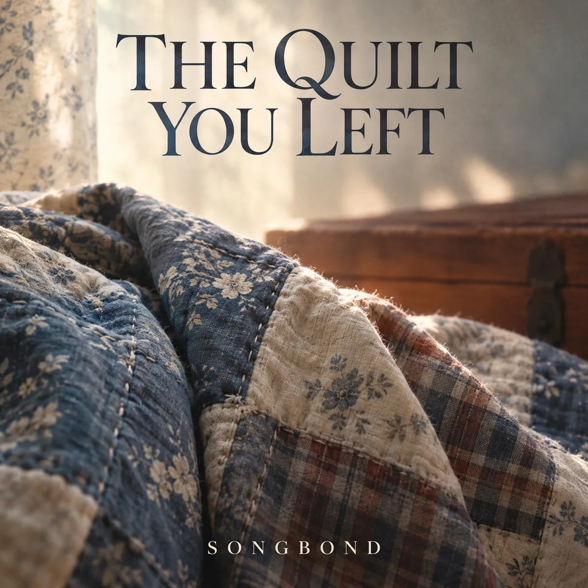 Music cover for The Quilt You Left: a tactile blue, cream and flannel patchwork quilt folds in warm window light with a cedar chest softly behind and the dark title above.