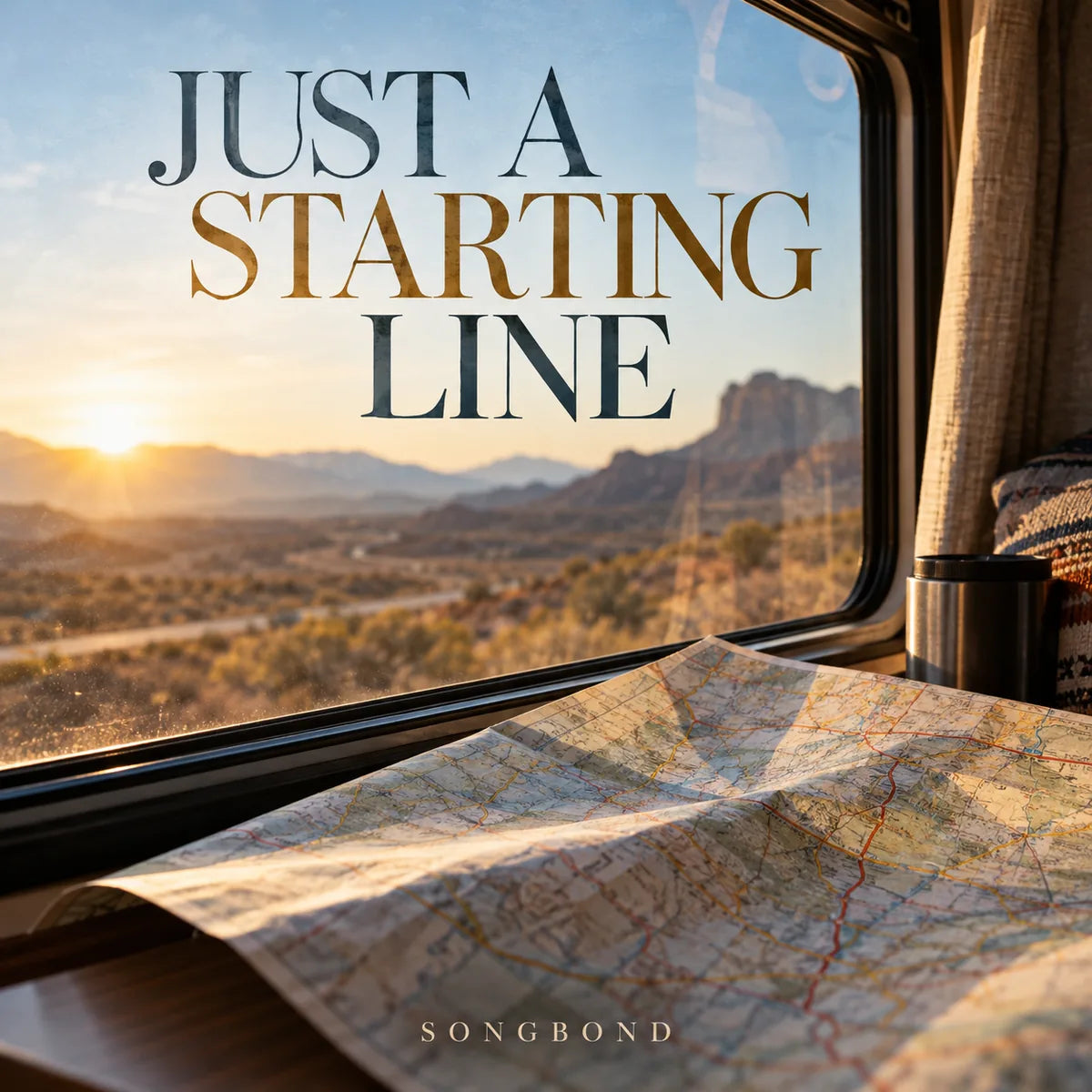 Music cover for Just a Starting Line: a folded road map lies beside an RV window overlooking a softly lit open landscape, with the full title above.