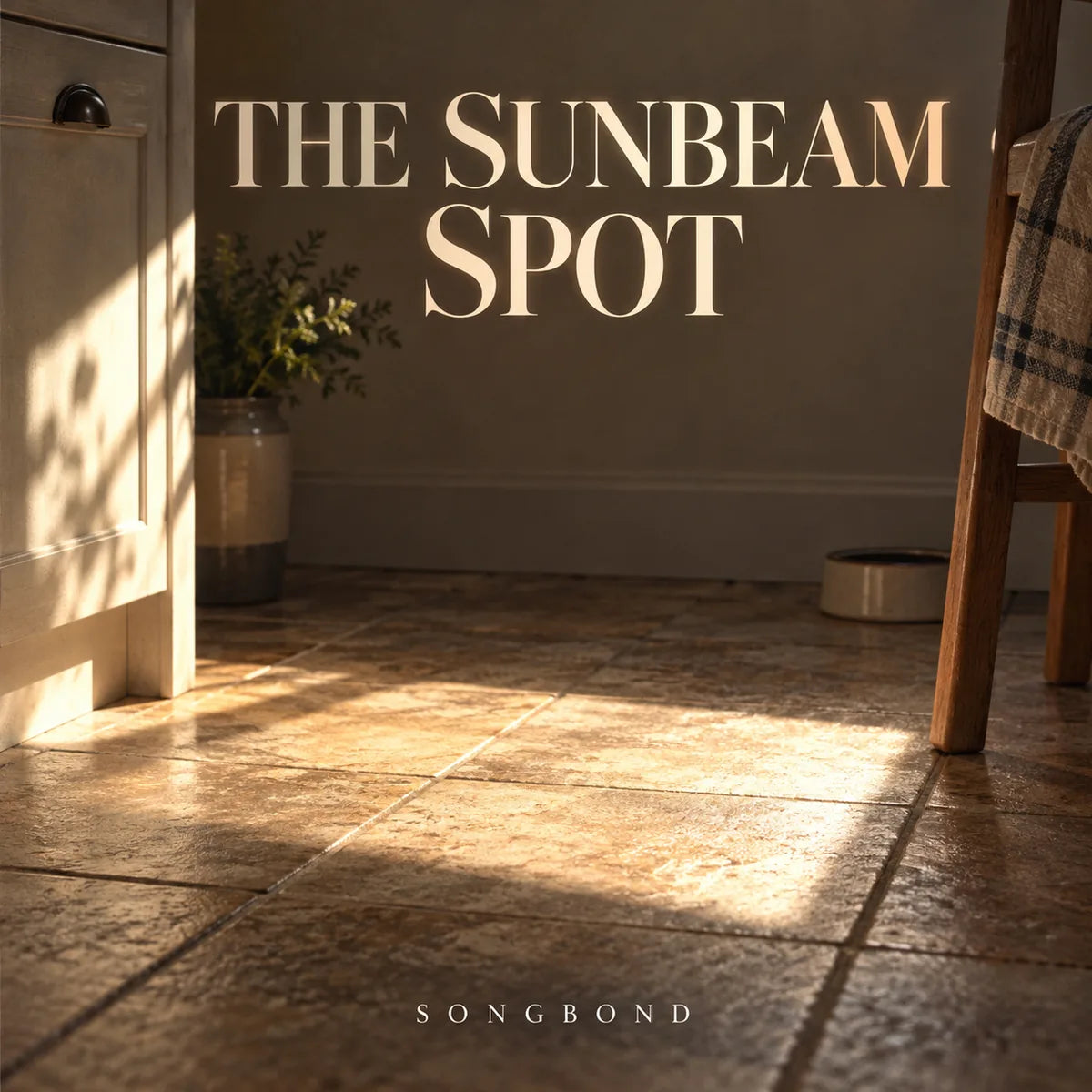 Music cover for The Sunbeam Spot: a warm square of sunlight falls on an empty textured kitchen floor with a large cream title above.