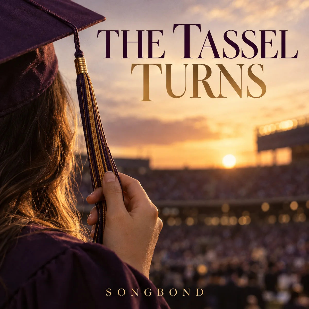 Music cover for The Tassel Turns: a graduate's hand holds a plum-and-gold tassel against a softly blurred stadium sunset, with the full serif title above.