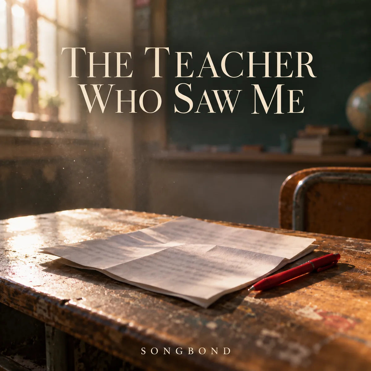 Music cover for The Teacher Who Saw Me: a folded essay with unreadable handwriting and a red pen rest on a worn classroom desk in warm sunlight under the full cream title.