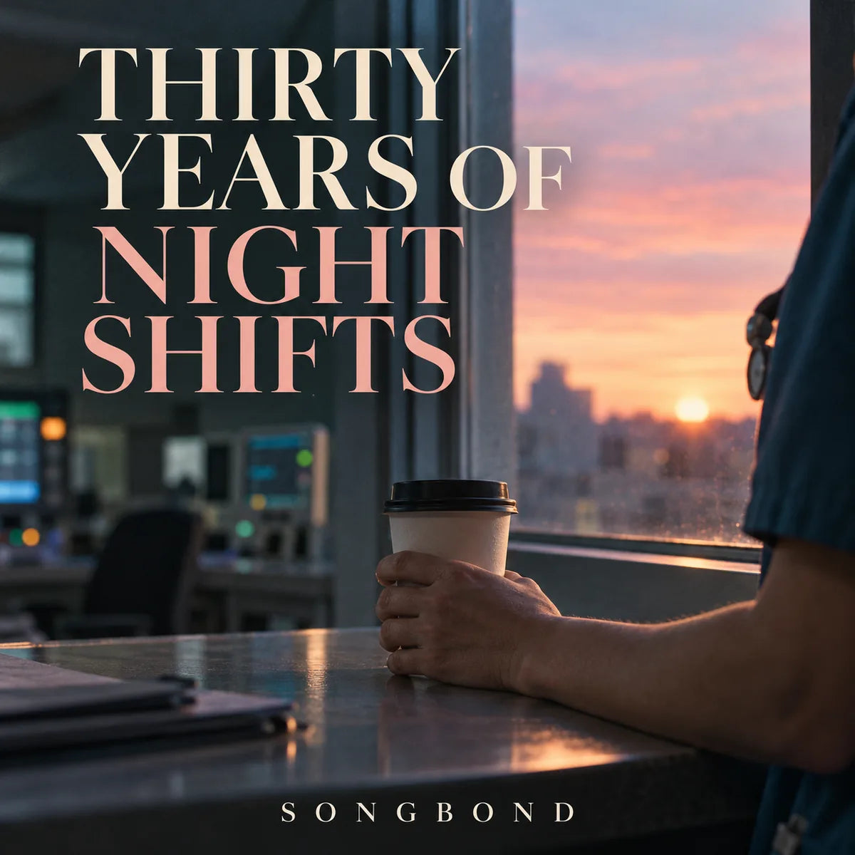 Music cover for Thirty Years of Night Shifts: a nurse's hand holds a plain coffee cup by a station window at dawn, with soft monitor lights and the full four-line title.