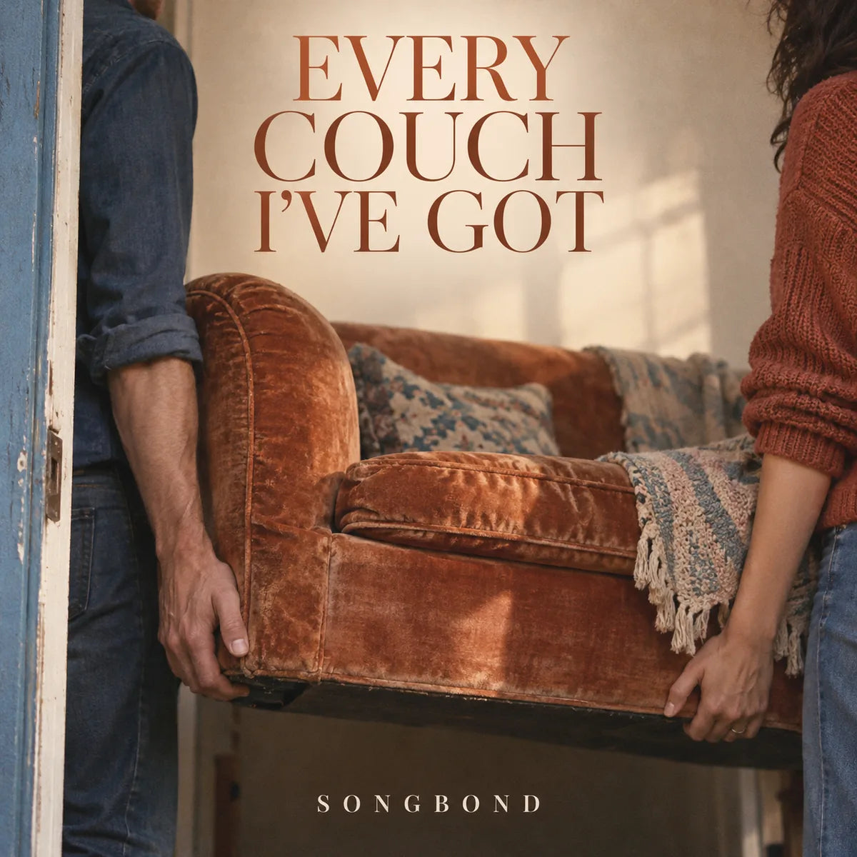 Music cover for Every Couch I've Got: two adults carry a worn rust-colored couch through a doorway, shown as close hand and torso crops with the full title above.
