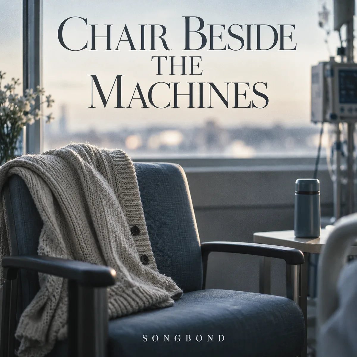 Music cover for Chair Beside the Machines: a cream cardigan hangs over a blue hospital chair beside a plain thermos and softly blurred medical equipment beneath the full title.