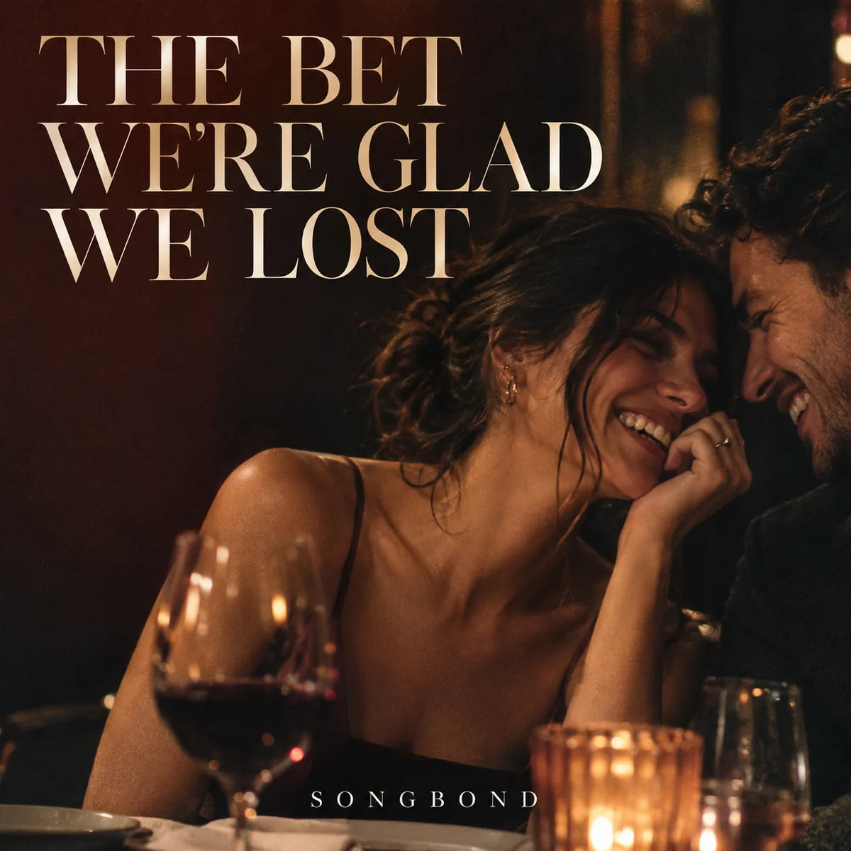 Music cover for The Bet We're Glad We Lost: two adults lean together laughing at a warmly lit dinner table, closely cropped beneath the full cream title.