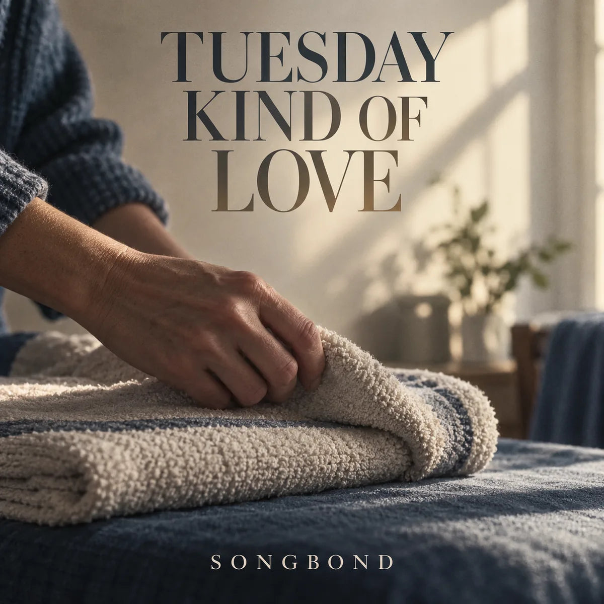Music cover for Tuesday Kind of Love: an adult hand folds a cream household towel with blue stripes in soft home light under the large dark serif title.