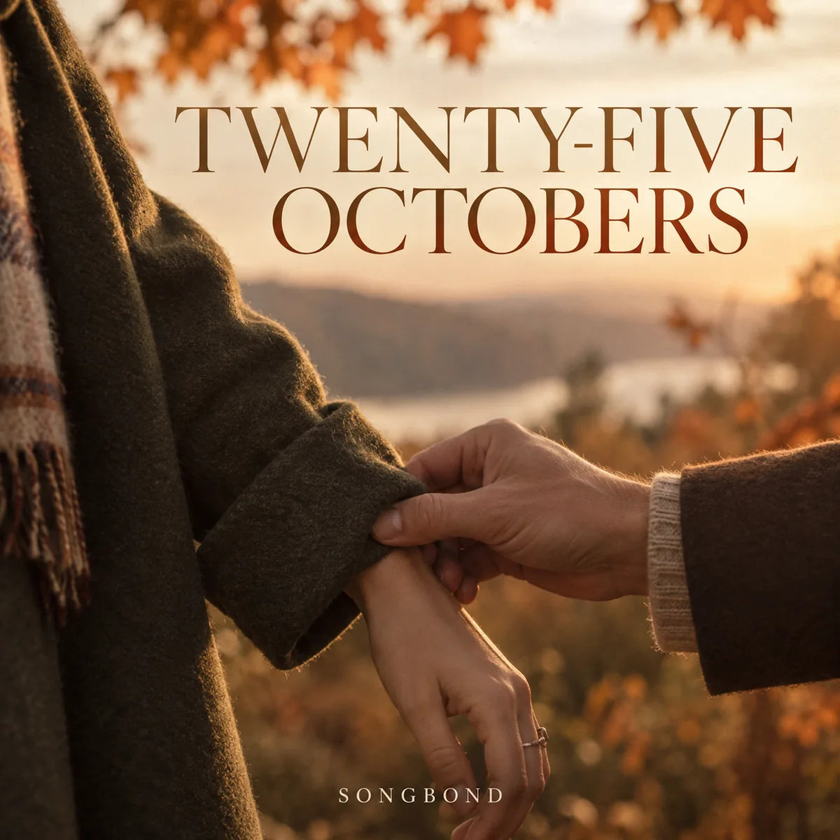 Music cover for Twenty-Five Octobers: one adult gently adjusts a partner's coat sleeve in warm autumn light beneath the full serif title.