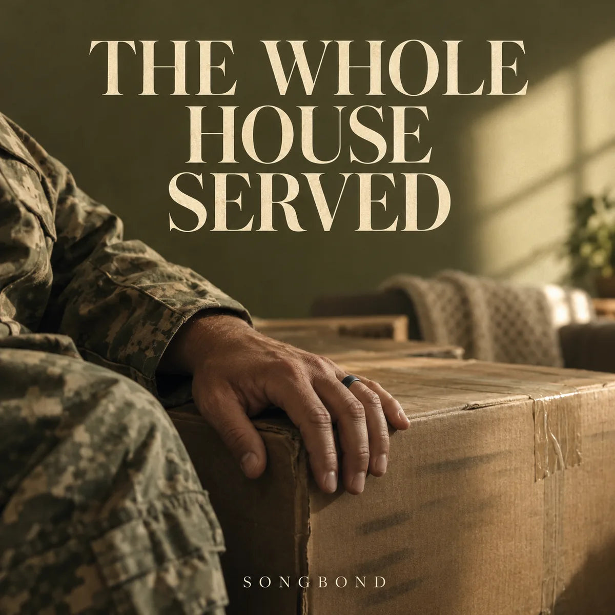 Music cover for The Whole House Served: an adult's uniform-sleeved hand rests on a worn moving box in soft home light beneath the full cream title.