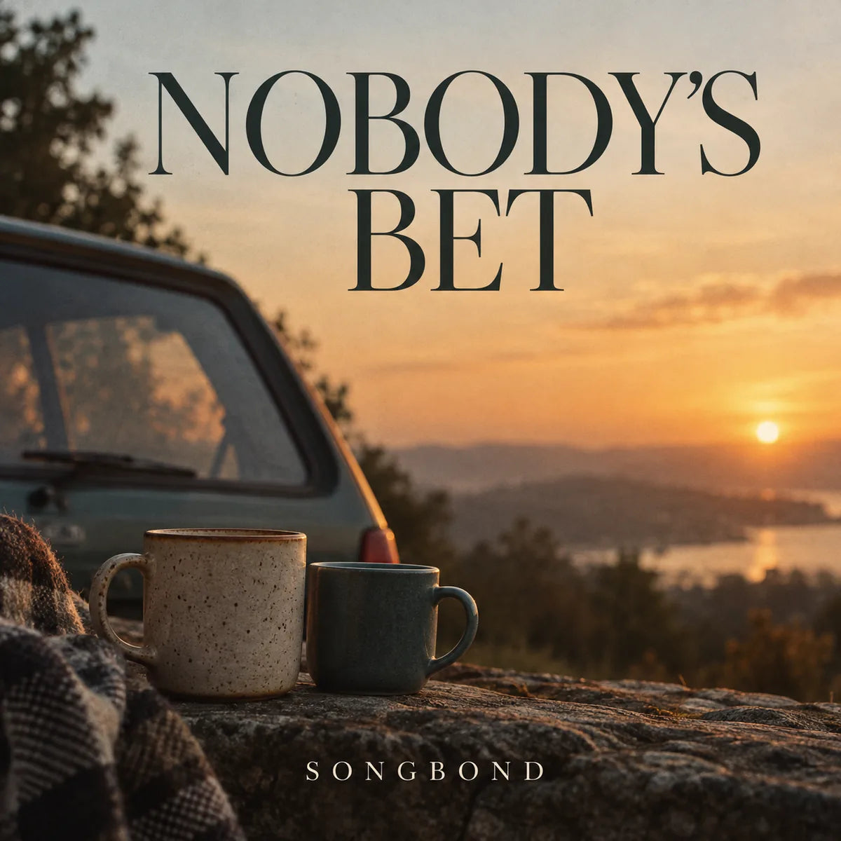 Music cover for Nobody's Bet: two mismatched coffee mugs stand near an old hatchback in warm sunset light with the large dark title above.