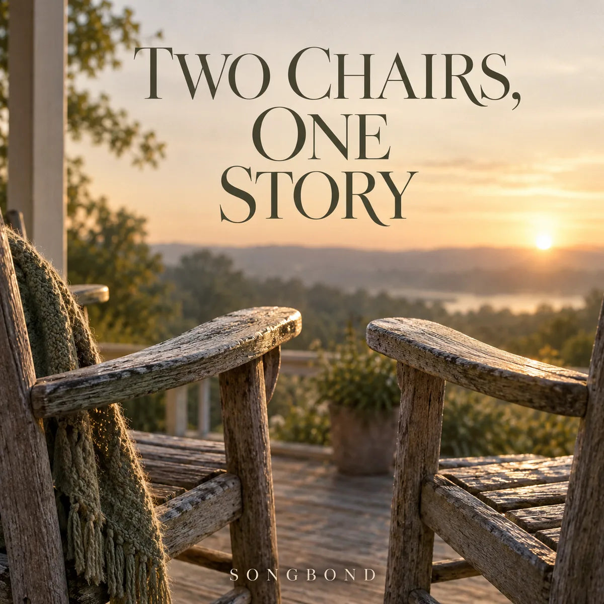 Music cover for Two Chairs, One Story: the worn arms of two wooden porch chairs frame warm dawn light beneath the full dark serif title.