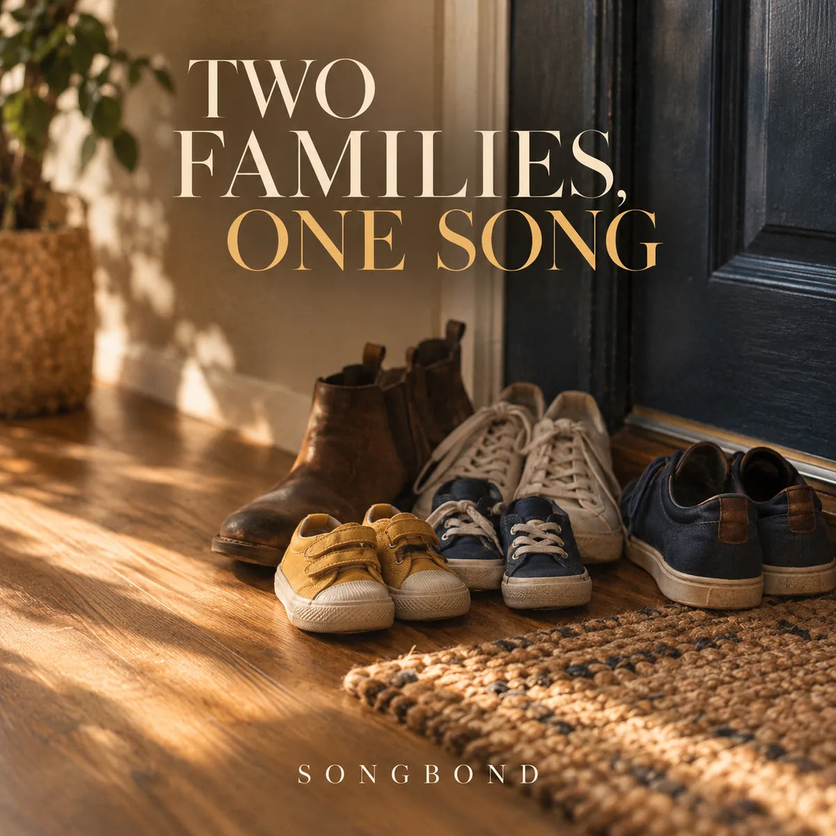 Music cover for Two Families, One Song: small and adult shoes gather beside one blue home doorway in warm light with the full cream-and-gold title above.