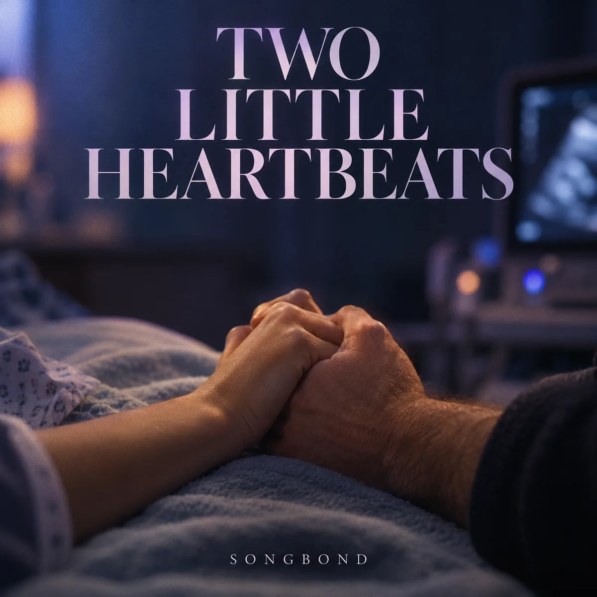 Music cover for Two Little Heartbeats: two adults hold hands in a softly blue-lit ultrasound room with an indistinct monitor and the full pale title above.