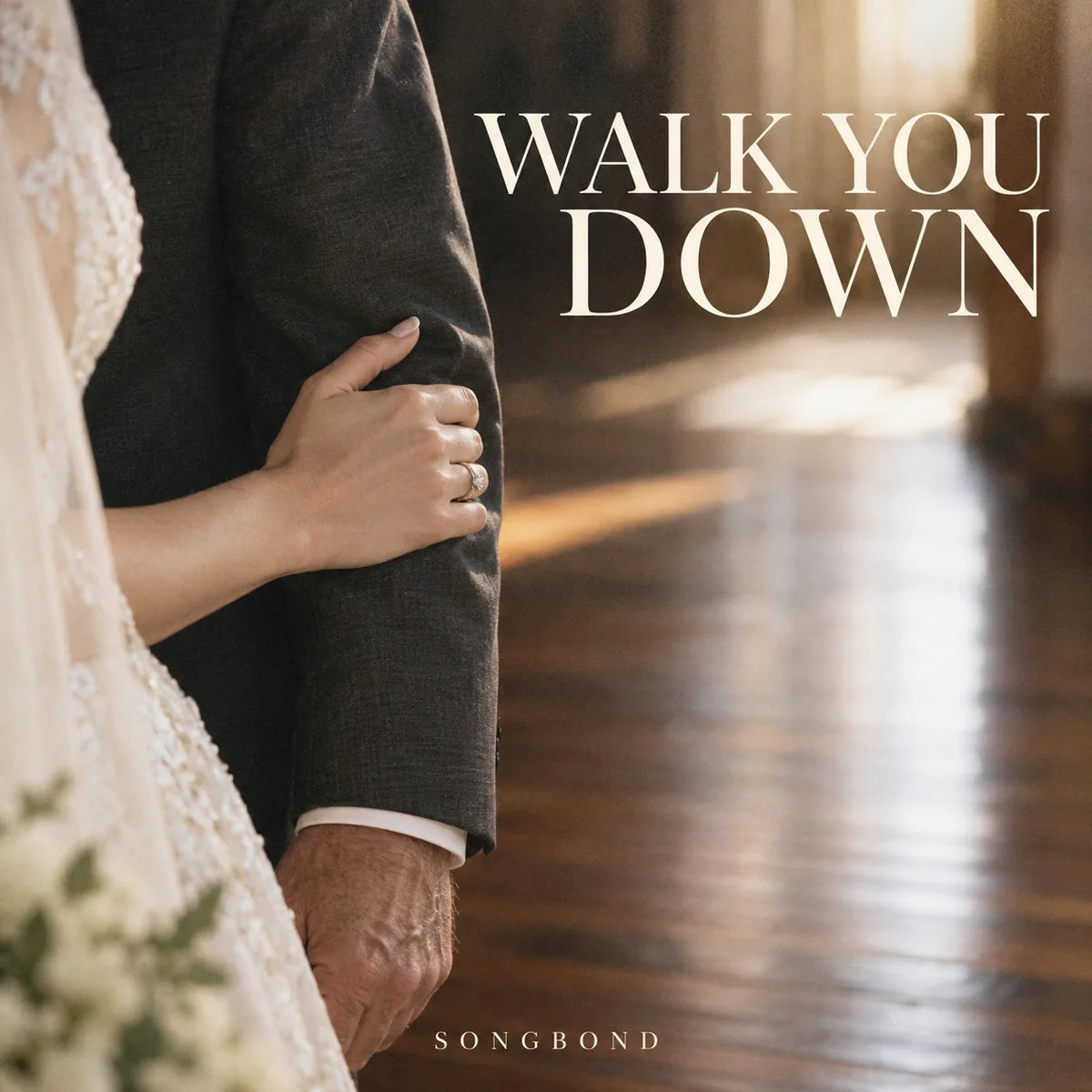 Music cover for Walk You Down: a bride's hand holds her father's dark-suited forearm beside a softly glowing polished aisle, under the full cream title.