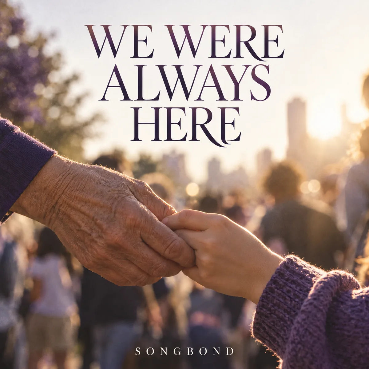 Music cover for We Were Always Here: an older and younger adult clasp hands in a softly blurred sunlit community crowd with a large violet serif title above.